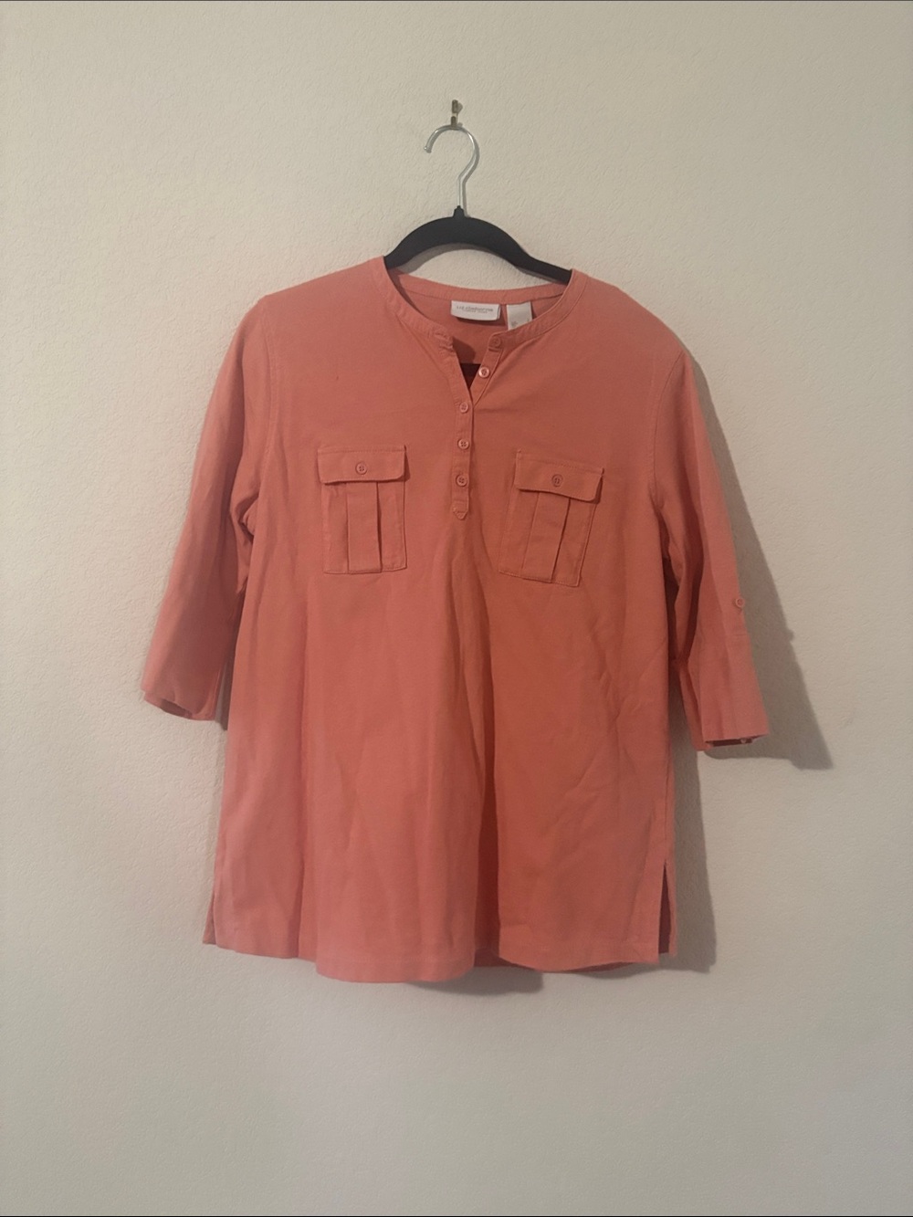 Women’s Coral Button Henley with Dual Chest Pockets